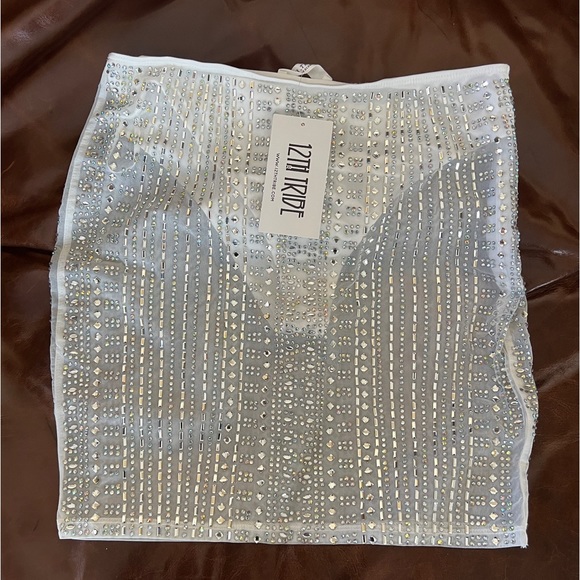 Medium 12th Tribe Mini Skirt White Rhinestone Mesh - Picture 4 of 4